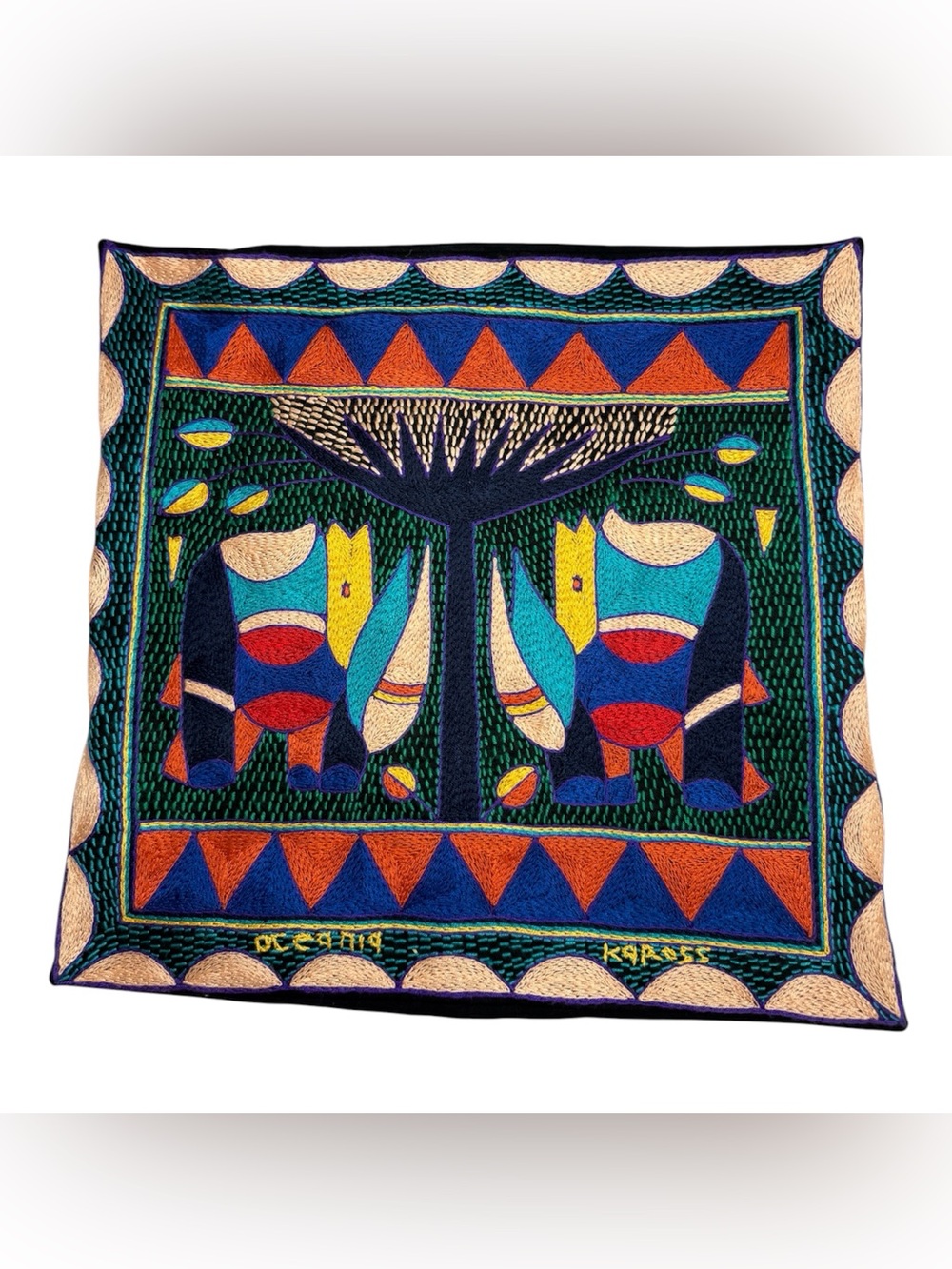 Kaross, South African,  Artist Hand Embroidered Pillow Cover 18x18 Rhinos